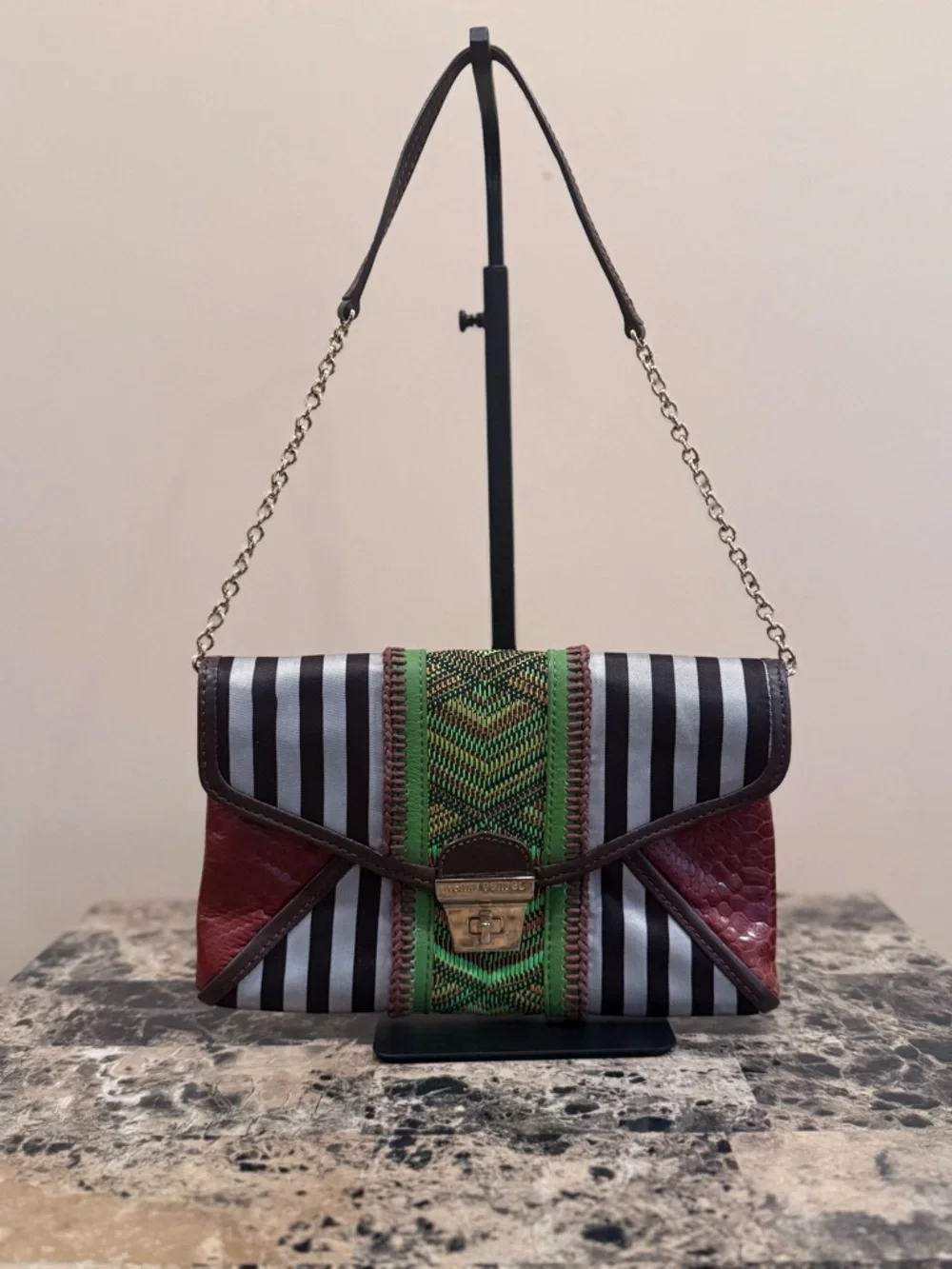 Henri Bendel Mixed Media Centennial Striped & Woven Shoulder Bag / Clutch 💎RARE💎 - Picture 2 of 12